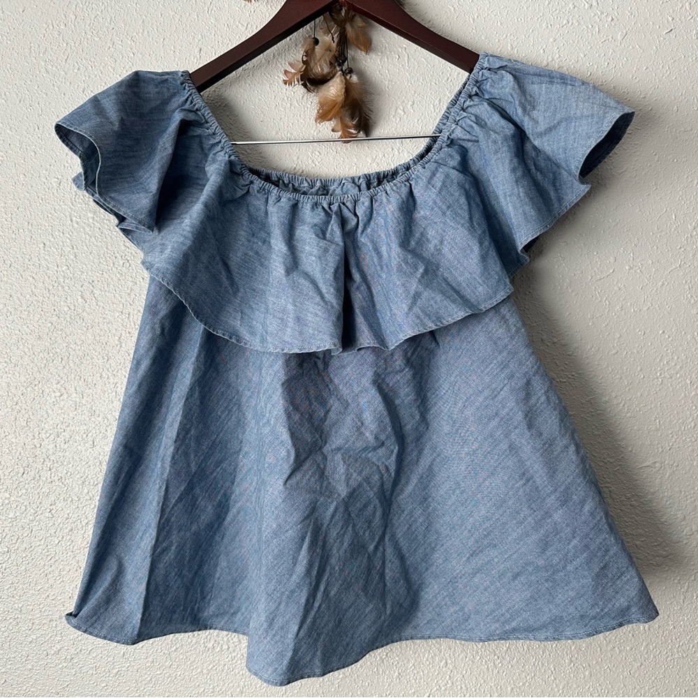 Rebecca Minkoff Blue Off-Shoulder Chambray Top Size L NWT Cottagecore Beach